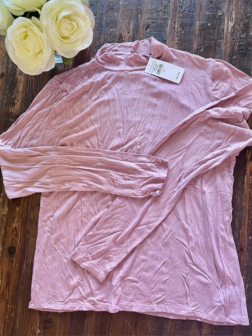 ☀️American Eagle Pink Soft Sexy Ribbed Mock Neck Long Sleeve Top Sz L NWT